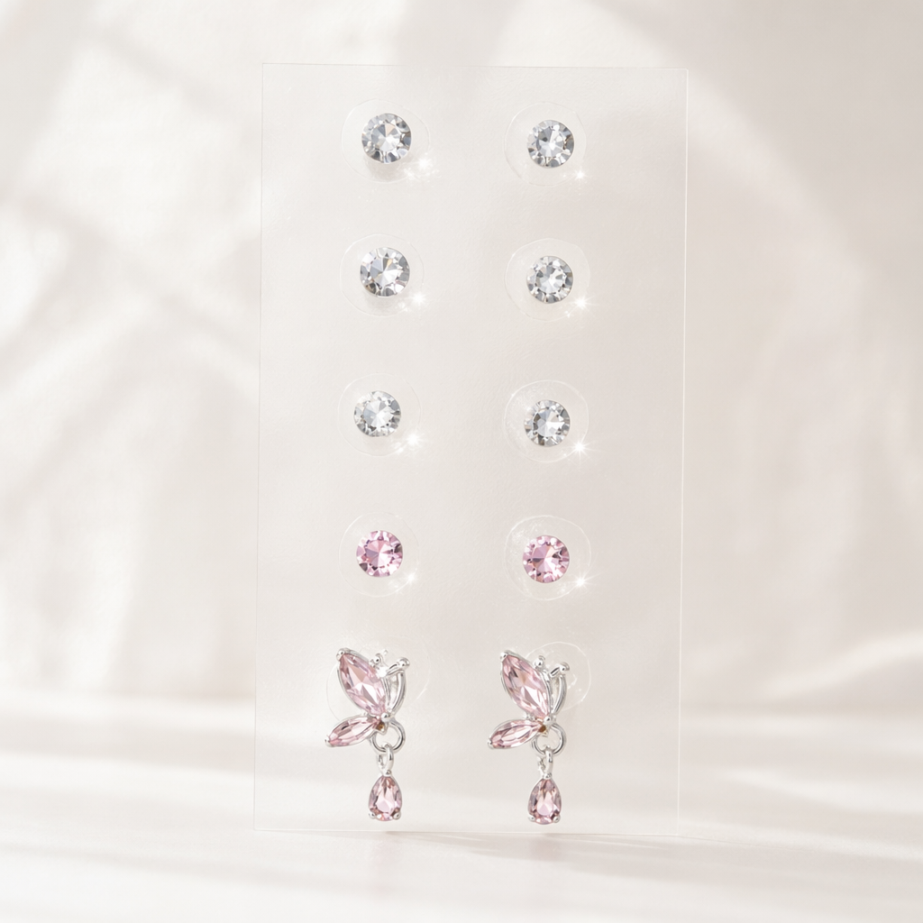 Set aretes adhesivos sin perforar mariposa rosa con cristales | Joyería delicada para citas y bodas