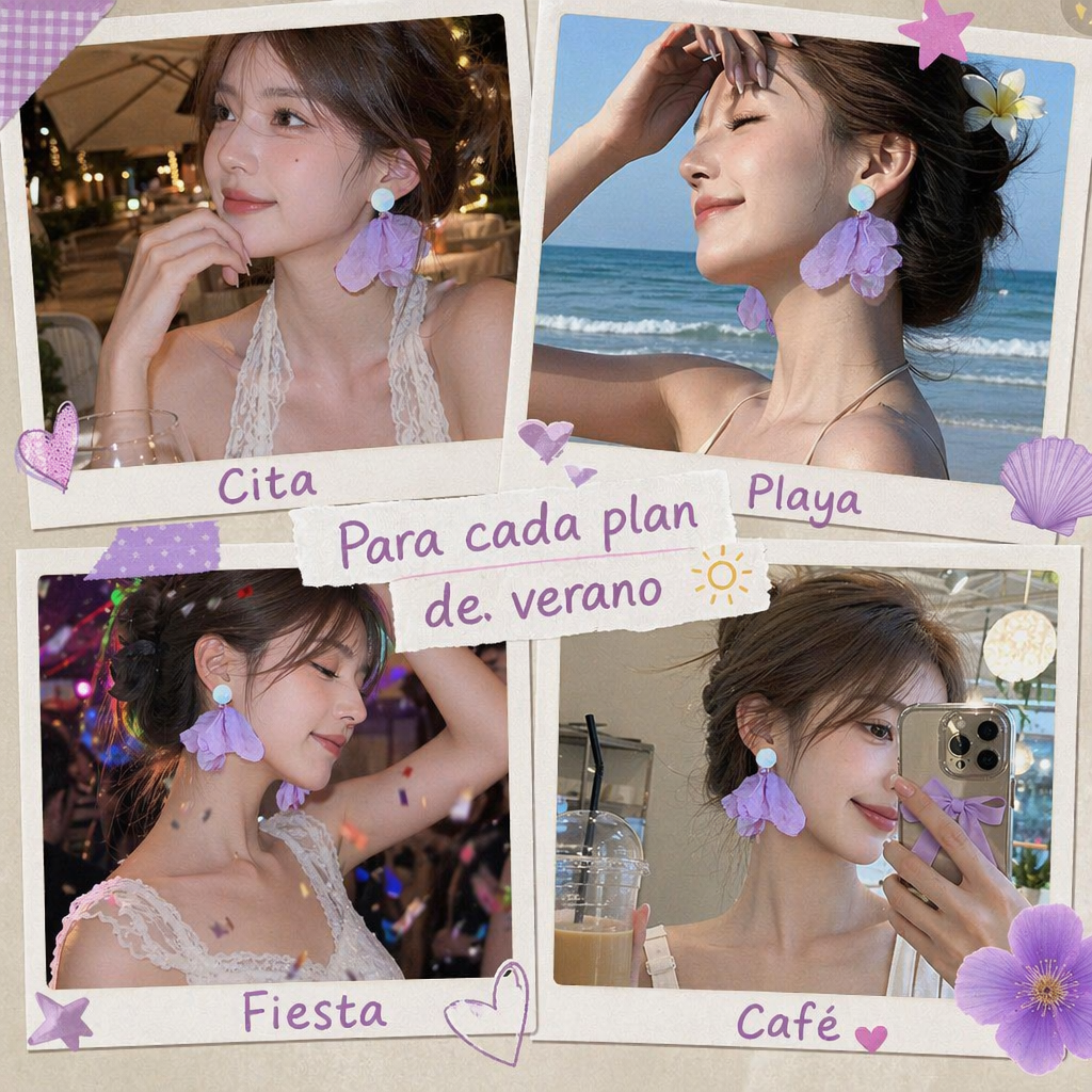 Pendientes de Pétalos de Tela Lavanda Verano - Aretes Florales Ligeros con Brillo Nacarado