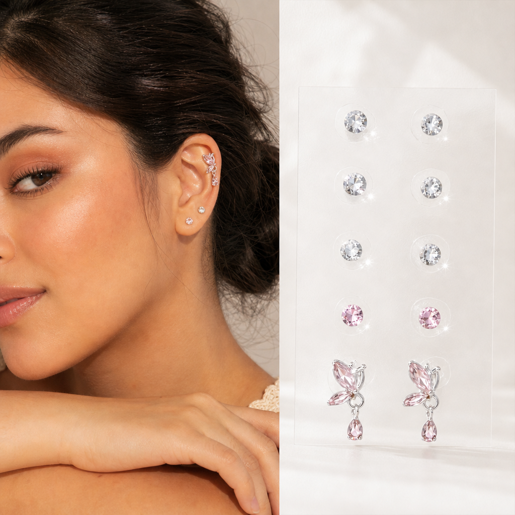 Set aretes adhesivos sin perforar mariposa rosa con cristales | Joyería delicada para citas y bodas